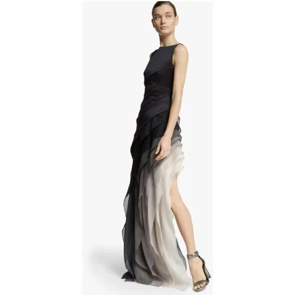 Halston Heritage Black Satin Organza Sleeveless Ombre Degrade Tiered Gown EUC 2 - Picture 2 of 12